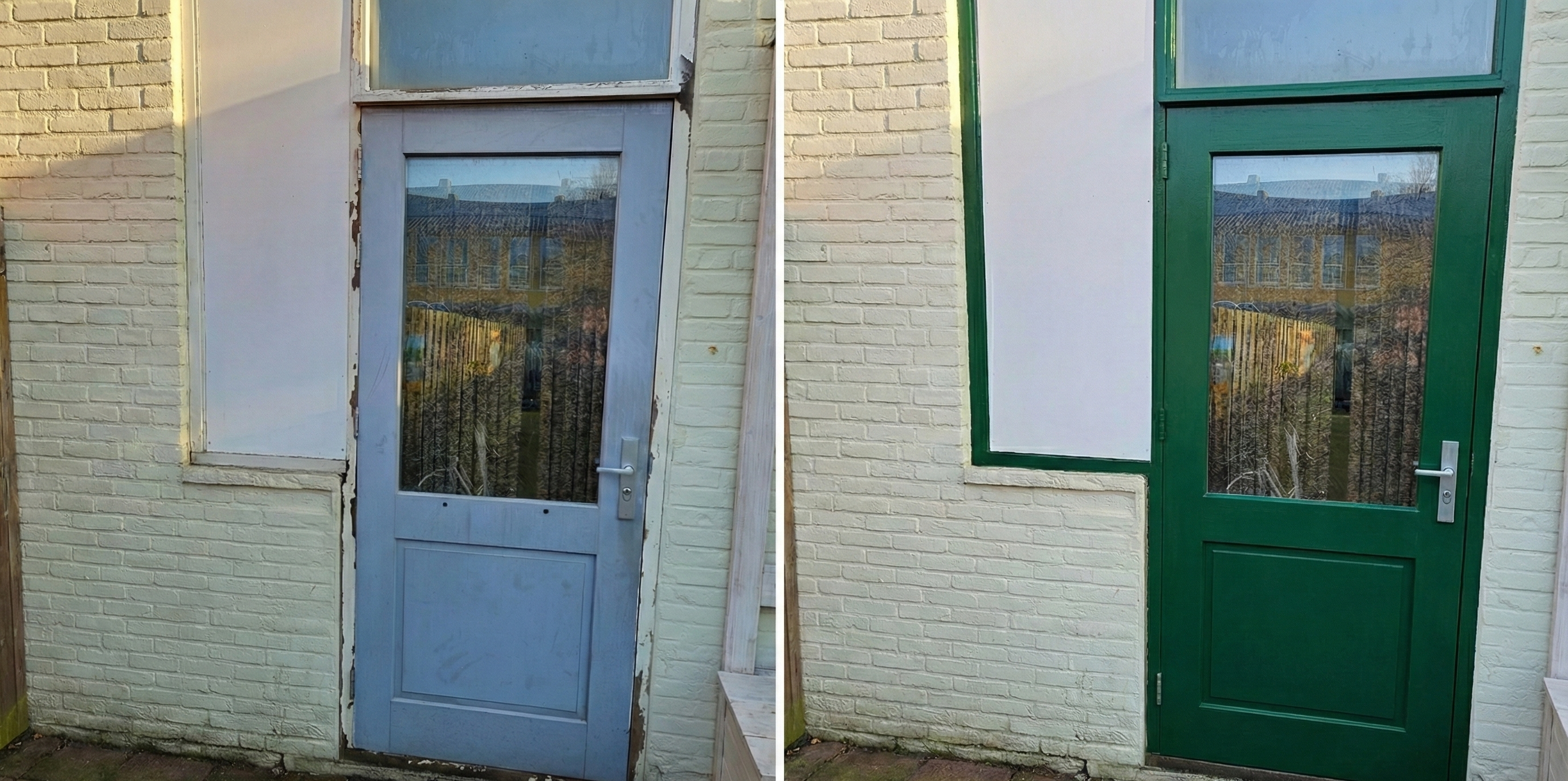 Voor-en-na vergelijking: verweerde blauwe achterdeur gerenoveerd naar diep donkergroen