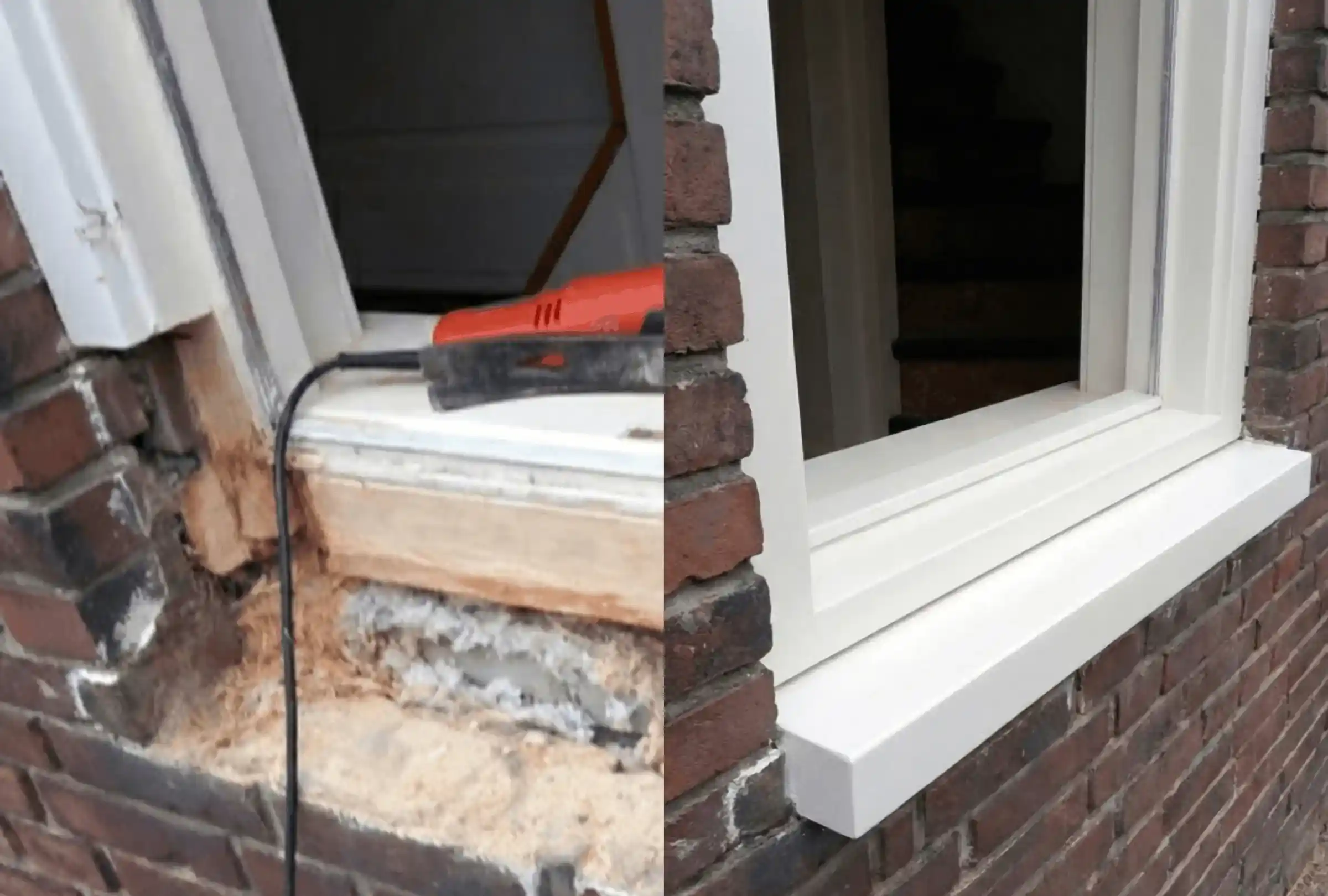 Voor en na houtrot reparatie rijtjeshuis Butterhuizen